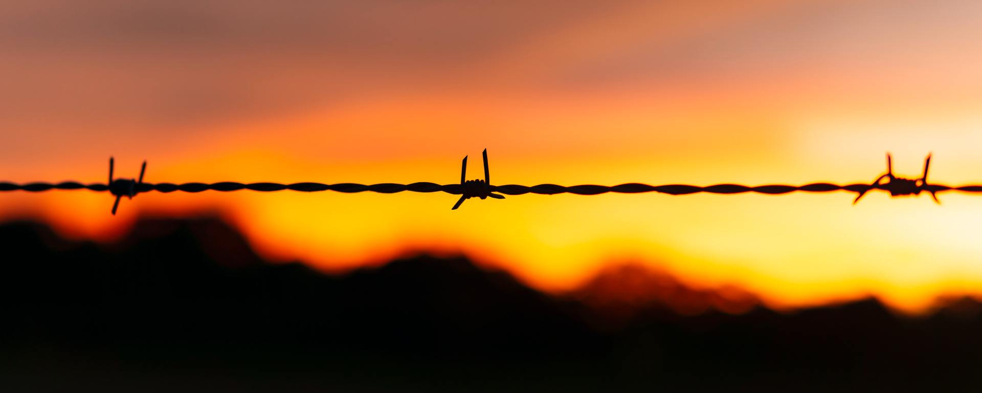 Sunset behind a string of barb wire,