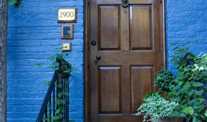 Wood door, Blue Walls