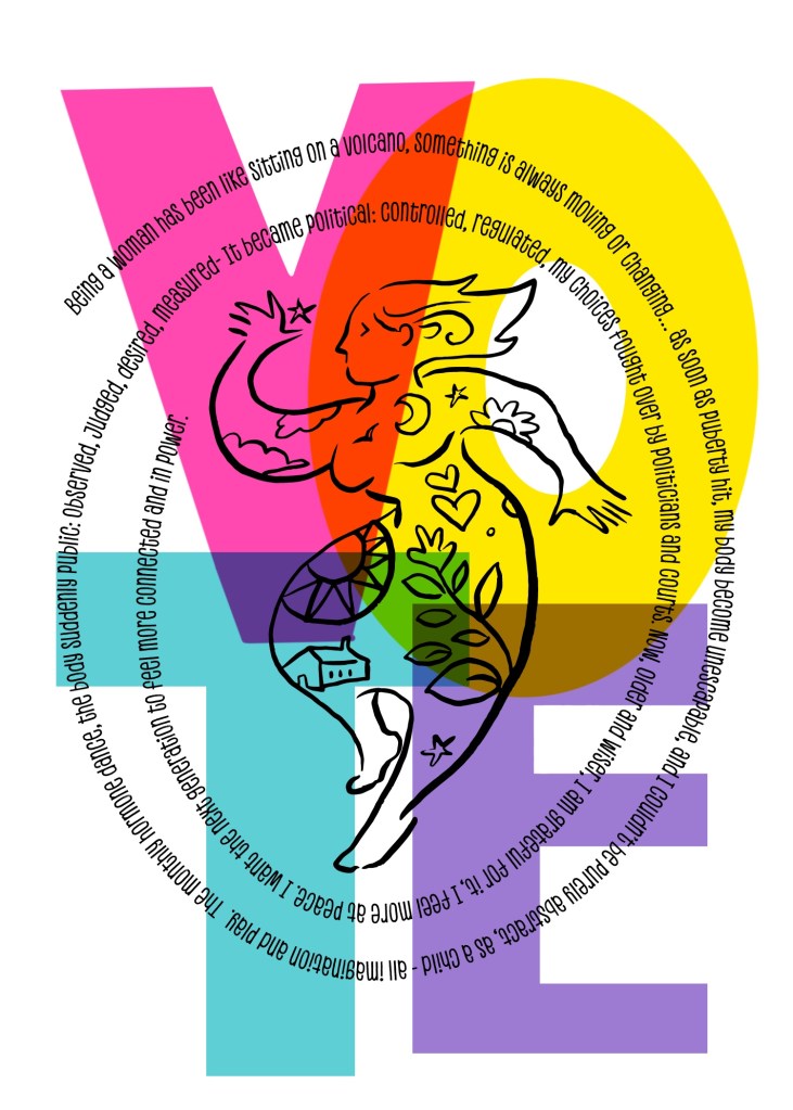 Visual Essay of Women Dancing in a Swirl of Words the the letters VOTE superimposed. Full text in the blog post.